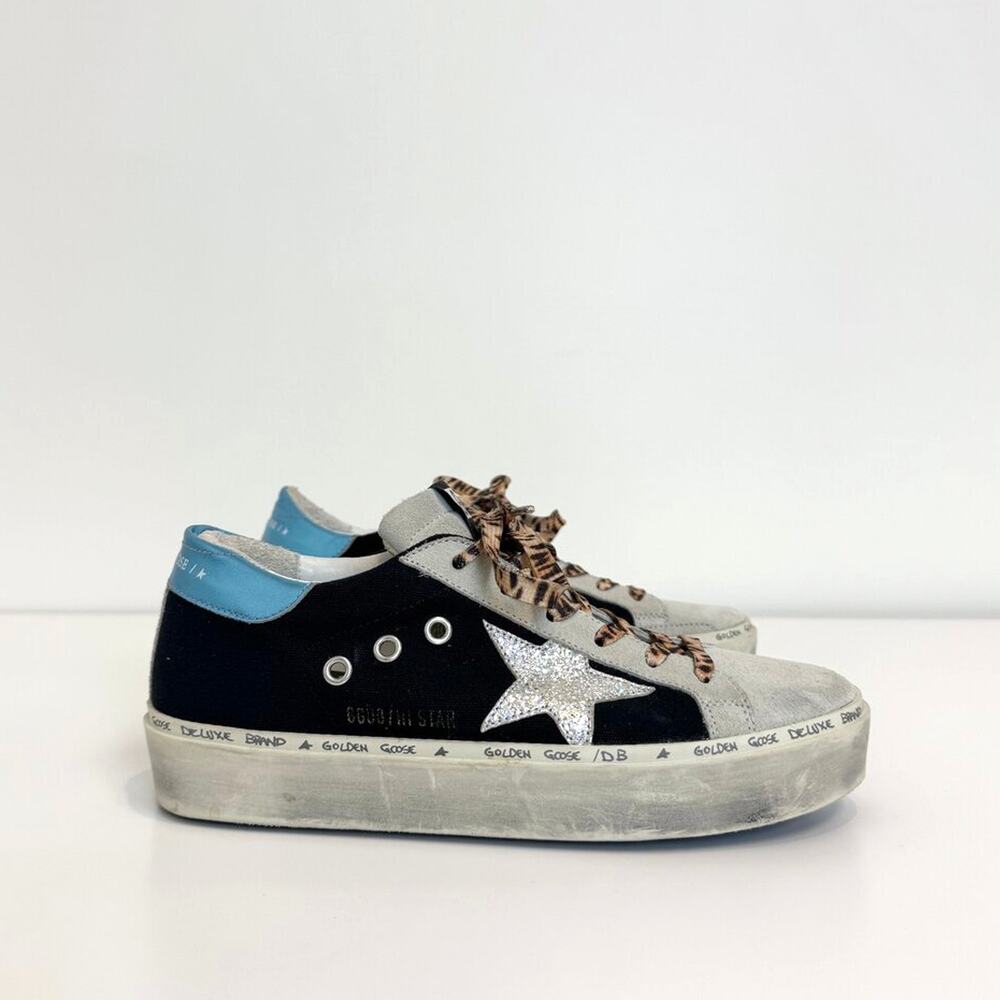 GOLDEN GOOSE Grey Hi Star Sneakers 37 Metallic Blue Leopard Laces Glitter Star